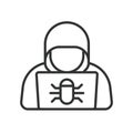 Hacker laptop icon in line design. hacker, laptop, bug, cyber, attack, malware, security on white background vector. Hacker laptop Royalty Free Stock Photo