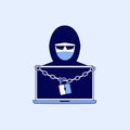 Hacker with laptop information locked with chain and padlock. Ransomware line icon design.