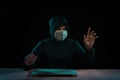 Hacker with laptop initiating the hacker attack, cyber Ã¡Â»Â­a Royalty Free Stock Photo