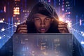 Hacker with laptop in night city, graphs Royalty Free Stock Photo