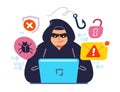 Hacker with laptop stealing personal data. Phishing attack, malware, virus, cyber security and internet privacy Royalty Free Stock Photo