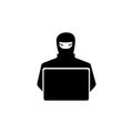 Hacker with a laptop vector solid black icon. A symbol of Cybercrime. Password hacking and identity theft, software Royalty Free Stock Photo