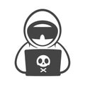 Hacker with a laptop vector solid black icon. A symbol of Cybercrime. Password hacking and identity theft, software Royalty Free Stock Photo