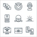 Hacker line icons. linear set. quality vector line set such as bitcoin, alert, bug, alarm, skull, pin code, hacker, radar
