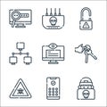 hacker line icons. linear set. quality vector line set such as hacker, pin code, bug, key ring, spy, hacker, unlock, modem Royalty Free Stock Photo