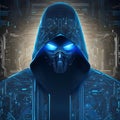 Hacker looking into camera with a face mask. Dark theme wallpaper