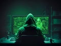 A hacker looking at a computer with green symbols created with Generative AI