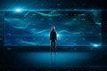 Hacker looking on glowing abstract trade analytics