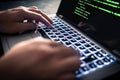Hacker with malware software code in computer screen. Developing fraud website. Cybersecurity attack and web crime with laptop.
