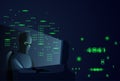 Hacker Man Behind Desktop Computer Night Attack And Data Security Concept Royalty Free Stock Photo