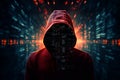Hacker man without a face in the red hoodie on neon green and red code background. Royalty Free Stock Photo