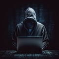 Hacker man use note book computer stealing confidential data Royalty Free Stock Photo