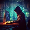 Hacker man use note book computer stealing confidential data Royalty Free Stock Photo