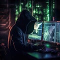 Hacker man use note book computer stealing confidential data Royalty Free Stock Photo
