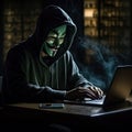 Hacker man use note book computer stealing confidential data Royalty Free Stock Photo