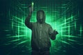 Hacker man with vendetta mask hacking binary system security cod Royalty Free Stock Photo