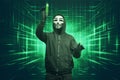 Hacker man with vendetta mask hacking binary system security cod Royalty Free Stock Photo