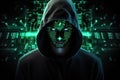 Hacker with mask and binary code on dark background 3D rendering, Hacker in hood and circuit board on Black background. Cyber Royalty Free Stock Photo