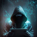 Hacker in a mask and hood looks at the tablet pc screen. Hacking and malware concept.