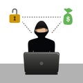 Hacker in the mask with laptop think about money Royalty Free Stock Photo