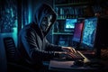 Hacker in mask stealing data from computer at night. Cybercrime concept, A faceless hacker attempting to steal cryptocurrency