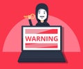 Hacker in mask stealing information on laptop. Flat style illustration.