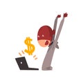 Hacker in Mask Stealing Money Using Laptop, Internet Crime, Computer Security Technology Cartoon Vector Illustration Royalty Free Stock Photo