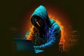 Hacker in mask using laptop over glowing background, created using generative ai technology Royalty Free Stock Photo
