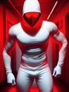 hacker monster , muscular male body with white and red mask posing against a dark background