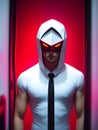 hacker monster , muscular male body with white and red mask posing against a dark background