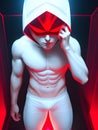 hacker monster , muscular male body with white and red mask posing against a dark background