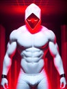 hacker monster , muscular male body with white and red mask posing against a dark background
