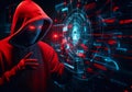 Hacker in mysterious looking hood is using hologram graphics, network password cracking program, generative ai illustration art