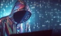 Hacker in mysterious looking hood is using hologram graphics, network password cracking program, generative ai illustration art