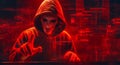 Hacker in mysterious looking hood is using hologram graphics, network password cracking program, generative ai illustration art
