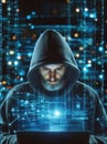 Hacker in mysterious looking hood is using hologram graphics, network password cracking program, generative ai illustration art