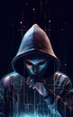 Hacker in mysterious looking hood is using hologram graphics, network password cracking program, generative ai illustration art