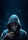 Hacker in mysterious looking hood is using hologram graphics, network password cracking program, generative ai illustration art