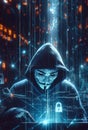 Hacker in mysterious looking hood is using hologram graphics, network password cracking program, generative ai illustration art