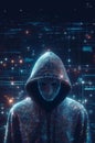 Hacker in mysterious looking hood is using hologram graphics, network password cracking program, generative ai illustration art