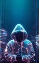 Hacker in mysterious looking hood is using hologram graphics, network password cracking program, generative ai illustration art