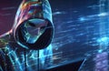 Hacker in mysterious looking hood is using hologram graphics, network password cracking program, generative ai illustration art