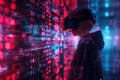 A hacker navigates a virtual environment crowded with digital locks and flowing codes while wearing a VR headset in a Royalty Free Stock Photo