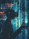 A hacker navigates a virtual space filled with intricate digital locks, codes, and vibrant data streams using a VR Royalty Free Stock Photo