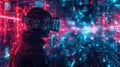 A hacker navigates a virtual world filled with colorful digital locks, codes, and intricate visuals while wearing a VR Royalty Free Stock Photo
