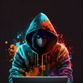 Painting, paint splatter, computer, mask, hacker, hoodie, hood, virus, background, wallpaper, generative ai