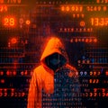 Hacker in an orange hood. Genius of the computer world. Numbers and Matrix
