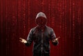Hacker over Abstract Digital Background with Elements of Binary Code and Computer Programs. Concept of Data thief Royalty Free Stock Photo