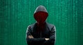 Hacker over Abstract Digital Background with Elements of Binary Code and Computer Programs. Concept of Data thief Royalty Free Stock Photo