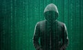 Hacker over Abstract Digital Background with Elements of Binary Code and Computer Programs. Concept of Data thief Royalty Free Stock Photo